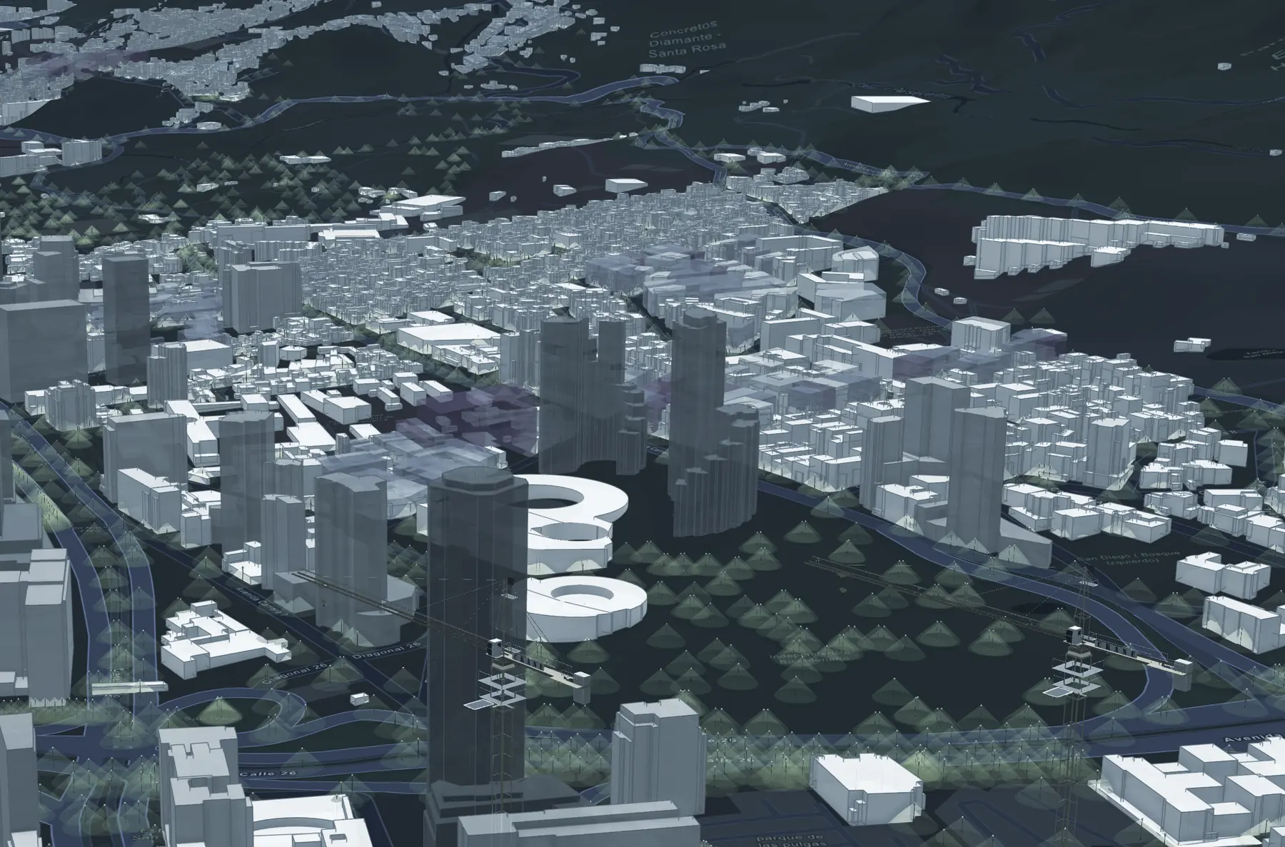 Modelo tridimensional de un sector de Bogotá con edificios, vías y zonas verdes en tonos azules